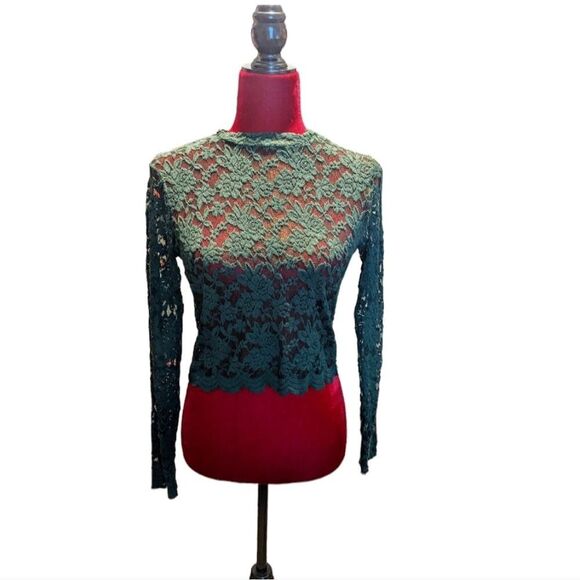 Ambiance Green Cropped High Neck Lace Sheer Top Size Small - Picture 2 of 6